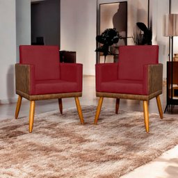 Kit 2 Poltronas Decorativa para Sala Recepção Escritório Consultório Lis Corino Peroba e Suede - 2