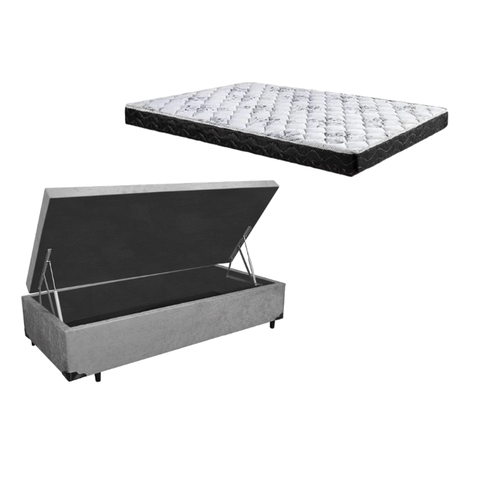 Cama Box Baú Solteiro Conforto Suede Cinza + Colchão Solteiro Conforto Espuma D23 17x88x188