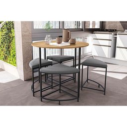 Mesa de Sala Jantar Li038 C/tampo Madeirado 90 Cm + 4 Banquetas Freijó/preto Fosco - Kappesberg - 1