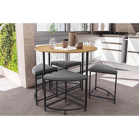 Mesa de Sala Jantar Li038 C/tampo Madeirado 90 Cm + 4 Banquetas Freijó/preto Fosco - Kappesberg