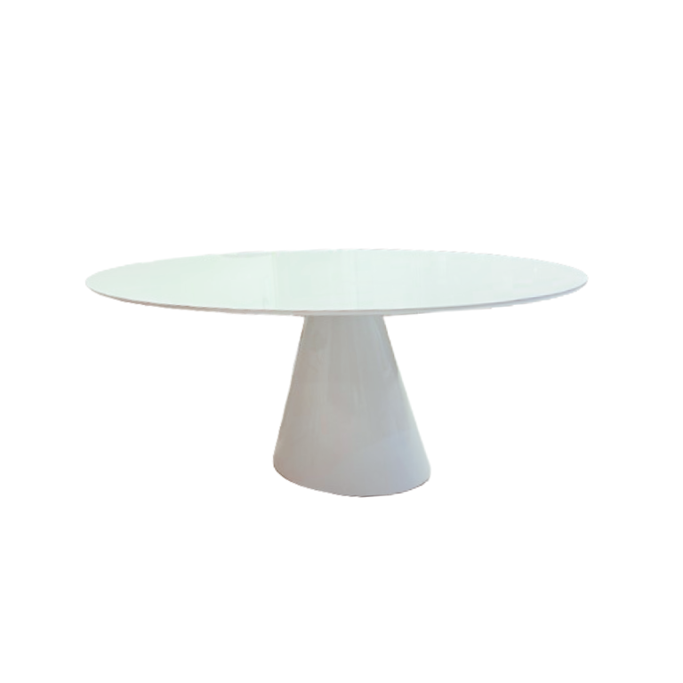 Mesa de Jantar Cone Oval 140x90 Cm Tampo Laca + Vidro Branca Base Branca