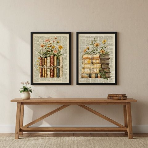 Kit 2 Quadros Livros com Flores Vintage 24x18cm Mold Preta