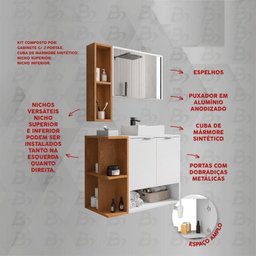 Gabinete de Banheiro Suspenso com Cuba e Espelheira 70cm Multimóveis Cr10125 Branco Naturalle - 3 Gabinete de Banheiro Suspenso com Cuba e Espelheira 70cm Multimóveis Cr10125 Branco Naturalle - 3