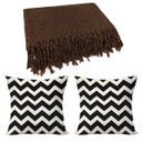 Ver imagem 1 de Manta para Sofá Marrom + 2 Capas de Almofada Preta