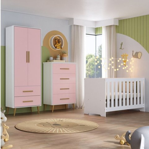 Quarto de Bebê Completo com Guarda-Roupa, Cômoda e Berço Magia Espresso Móveis Rosa/Branco