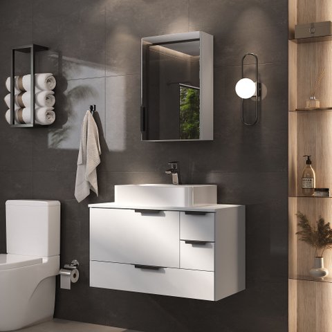 Conjunto Gabinete Banheiro Yaris 80cm (gabinete + Cuba + Espelheira +tampo Vidro) Branco Inteiro
