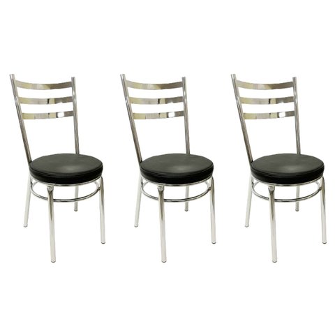 Cadeira de Cozinha Redonda com Reforço Cromada Assento Grosso Preto Kit 3 Unidades