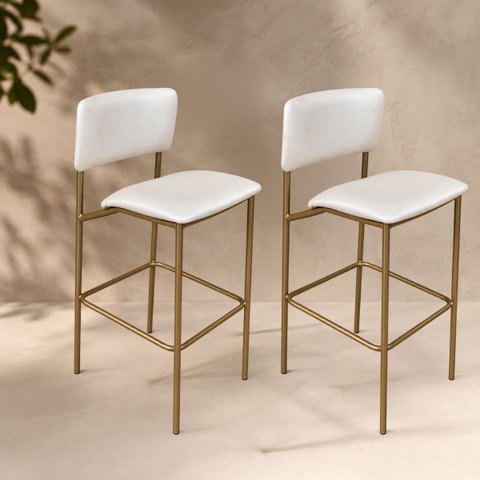 Banqueta Alta Aurora Dourada Off White para Bancada com Encosto Kit 2 Unidades