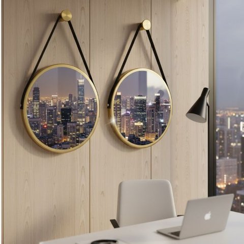 Kit 2 Espelhos Redondo Adnet Decorativo Suspenso com Alça 50cm + Suporte Dourado com Alça Preta