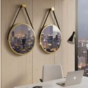 Ver imagem 1 de Kit 2 Espelhos Redondo Adnet Decorativo Suspenso com Alça 50cm + Suporte Dourado com Alça Preta
