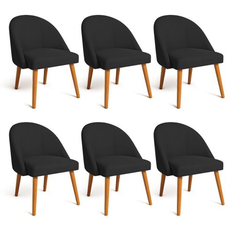 Kit 06 Cadeiras Poltrona de Jantar Luna Suede Preto Pés Palito Castanho - Pallazio
