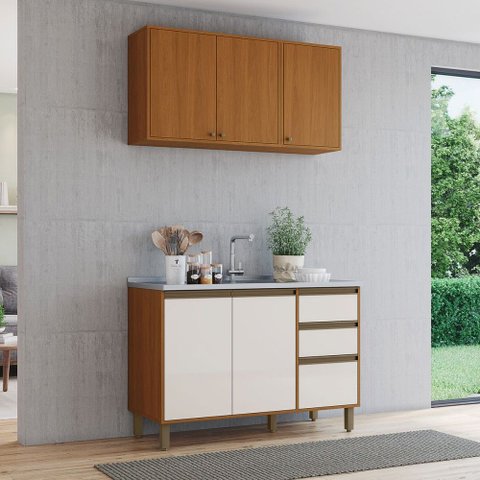 Conjunto Cozinha Compacta Venaly 6 Portas 2 Gavetas 3 Prateleiras Cinamomo/Off White - Henn