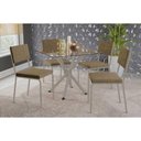 Ver imagem 1 de Sala de Jantar Completa Volga C/ Tampo de Vidro 90cm e 4 Cadeiras Zaria Niquel - Suede Bege -