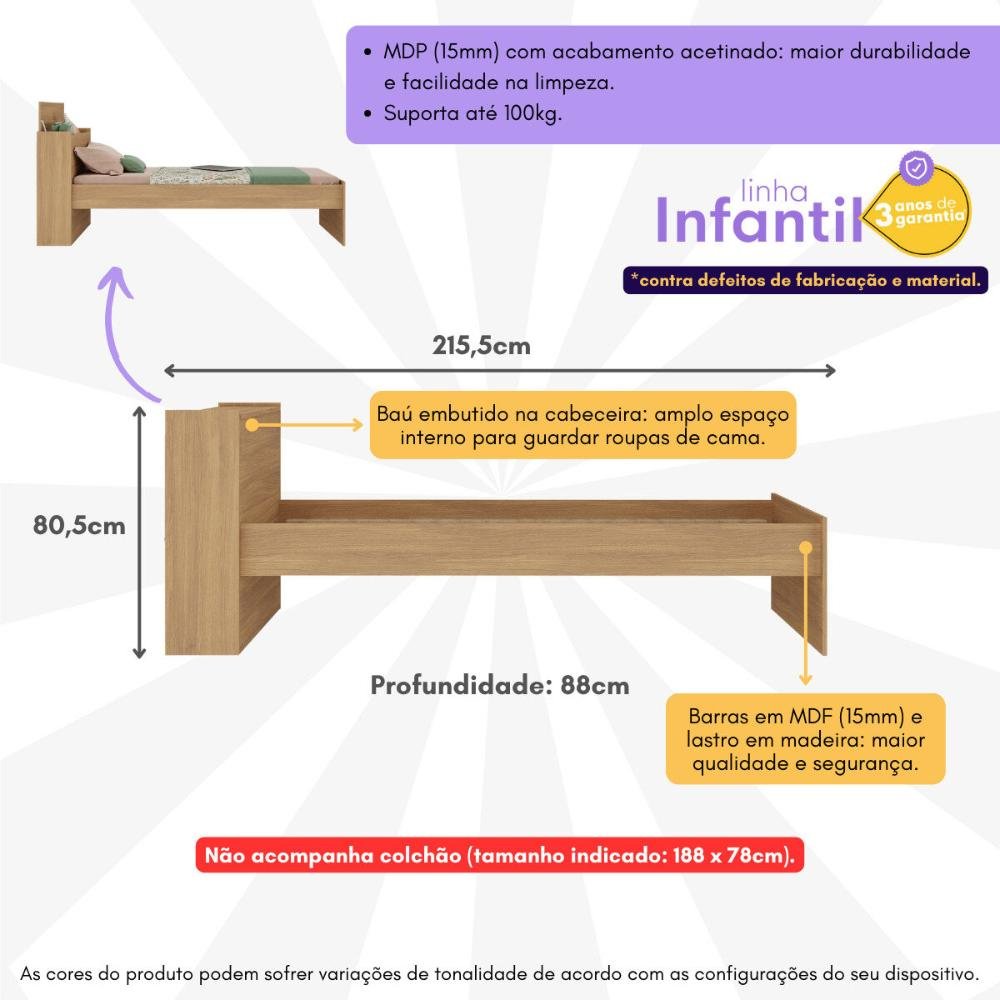 Cama de Solteiro para Colchão 188 X 78cm com Baú Embutido Multimóveis Mp4229 - 3