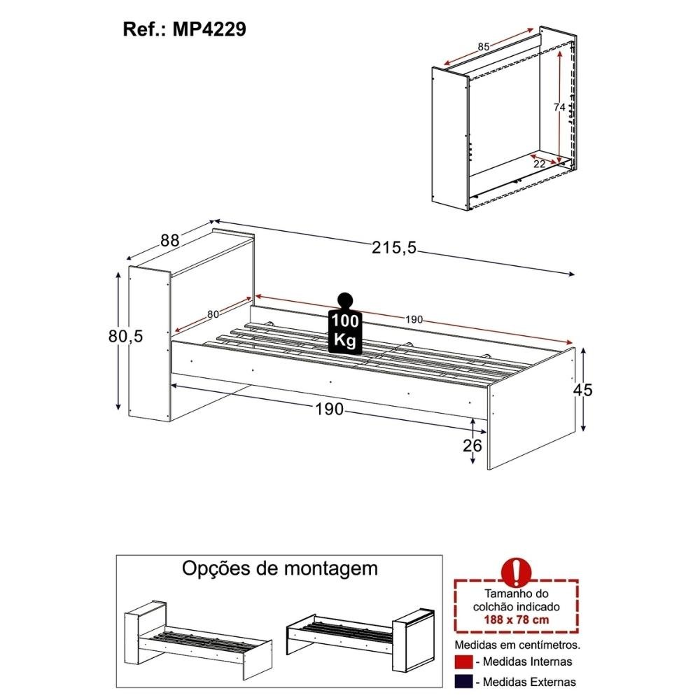 Cama de Solteiro para Colchão 188 X 78cm com Baú Embutido Multimóveis Mp4229 - 4