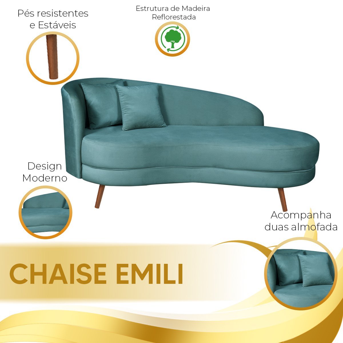 Chaise Longue Divã Emili em Madeira de Reflorestamento 160cm Veludo Vs Decor - 7