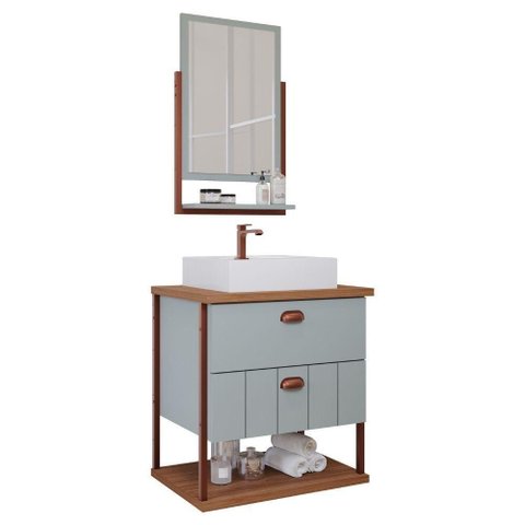 Gabinete para Banheiro 60 Cm 100% Mdf 2 Gavetas C/ Espelheira Uni Mgm Móveis Pistache/freijo