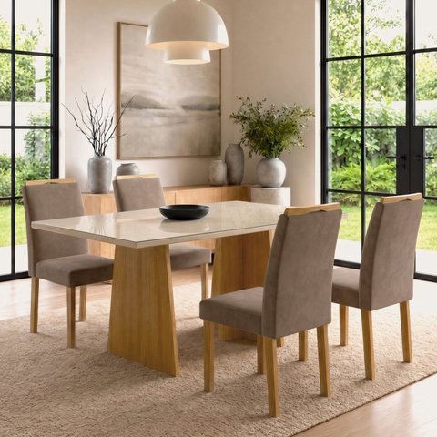 Conjunto de Mesa 4 Cadeiras Lyra Retangular 120x80cm Vidro Cinamomo Off White Marrom