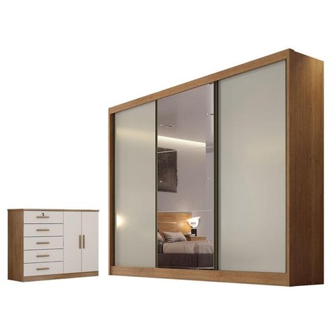 Guarda Roupa Casal Sonetto com Espelho e Cômoda Seul Cumaru 25 Fendi - Novo Horizonte