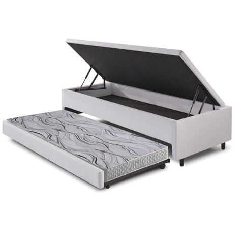 Bicama Box com Baú Viúvo 120x203 com Colchão Auxiliar Courino Linho Branco