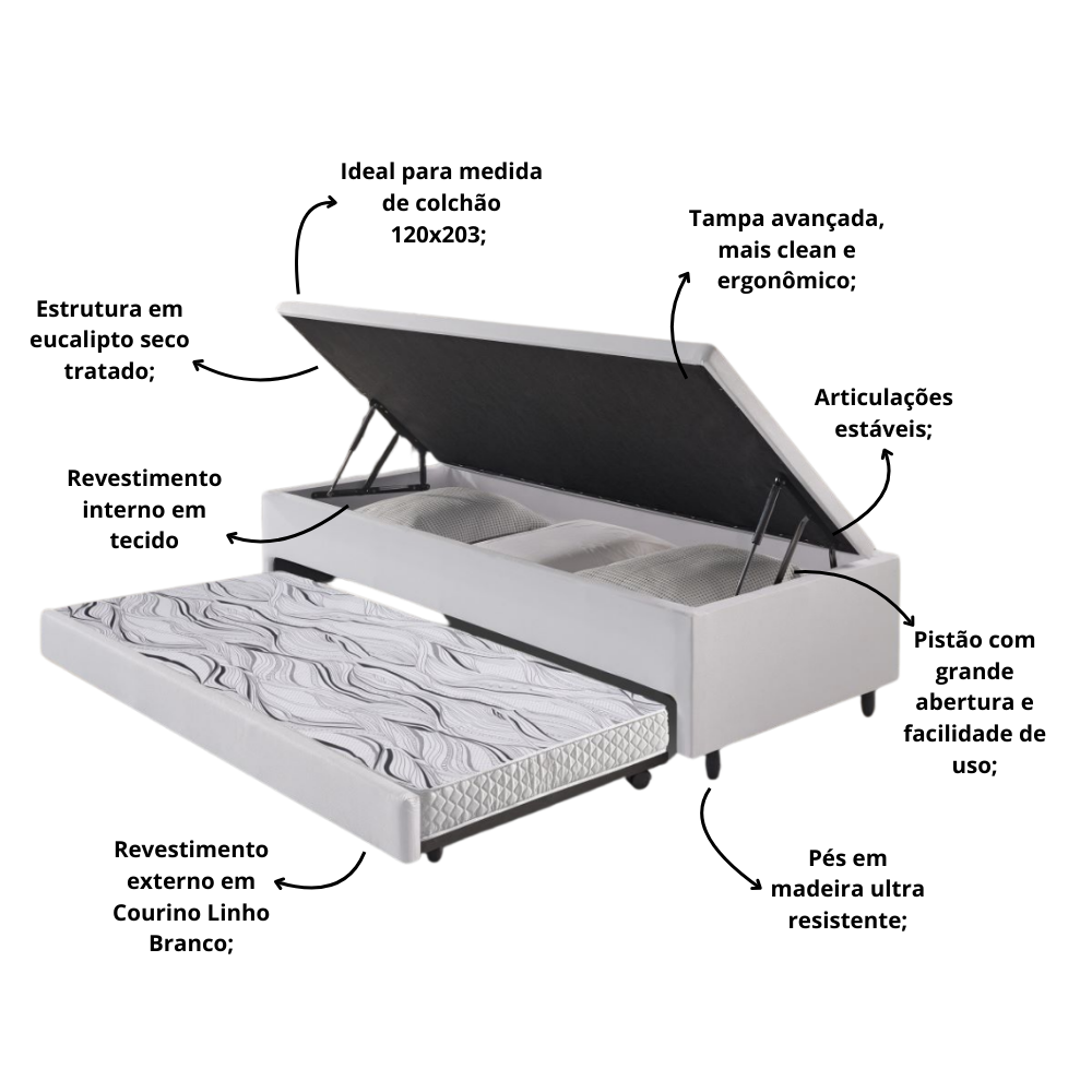 Bicama Box com Baú Viúvo 120x203 com Colchão Auxiliar Courino Linho Branco - 4