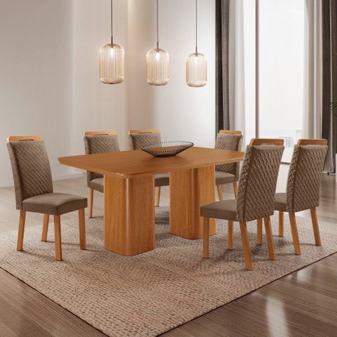 Mesa de Jantar Eloise 180 cm Tampo MDF Laminado Canto Copo com 6 Cadeiras Aline