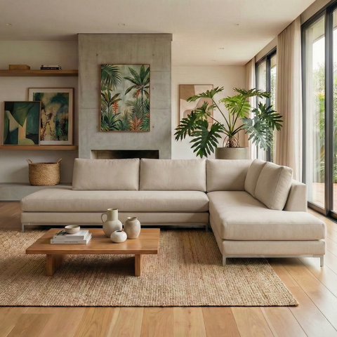 Sofá de Canto 5 Lugares com Chaise Lado Direito em Veludo Bege Claro 293x200cm