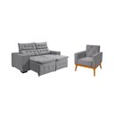 Ver imagem 1 de Kit Sofá Bari Retrátil Reclinável 1,90m Pillow + Poltrona Florença Espuma Premium - Cinza Veludo