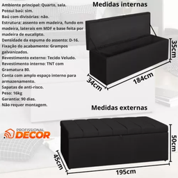 Calçadeira Baú Recamier King 195cm Carla Veludo:preto - 3