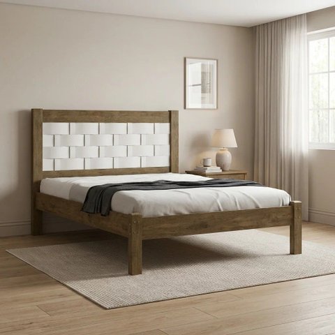 Cama Casal em MDF com Cabeceira Entrelaçada Laila Jequitiba/Off White Marrom