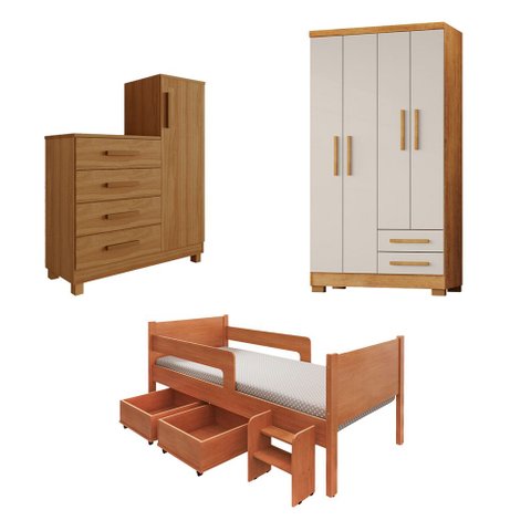 Kit Quarto Luna Plus Nature + Colchão + Cômoda Savana + Guarda-Roupa Paris Cedro