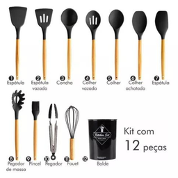 Kit C/12 Utensílios De Cozinha Silicone Cabo Madeira - 2