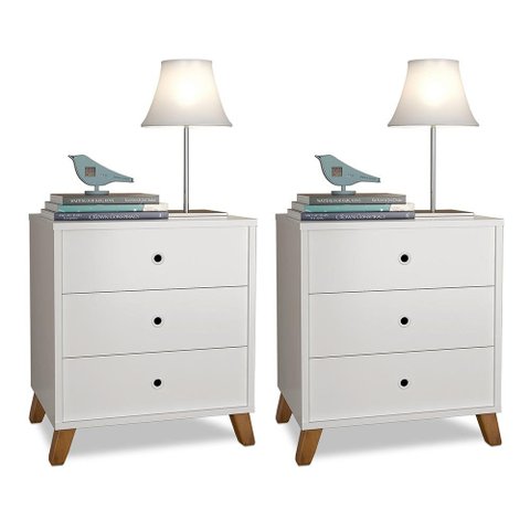 CONJUNTO 2 MESAS DE CABECEIRA 3 GAVETAS BRANCO