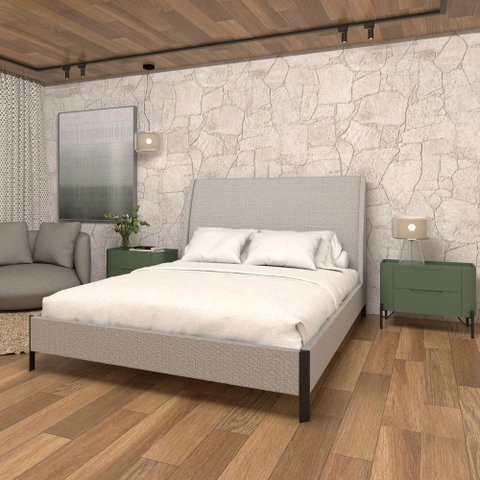 Cama com Cabeceira Queen sob Medida e 2 Mesas 100% Mdf Cor:linho Aluminio com Musgo