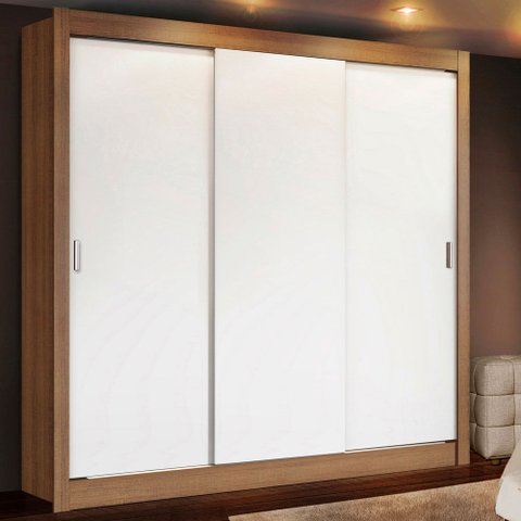 Guarda-Roupa Casal Madesa Lyon Plus 3 Portas de Correr 4 Gavetas Rustic/Branco Cor:Rustic/Branco