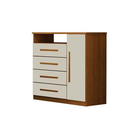 Cômoda Diamante 4 Gavetas MDF Puxadores em Madeira Cinamomo Off White Leifer Móveis