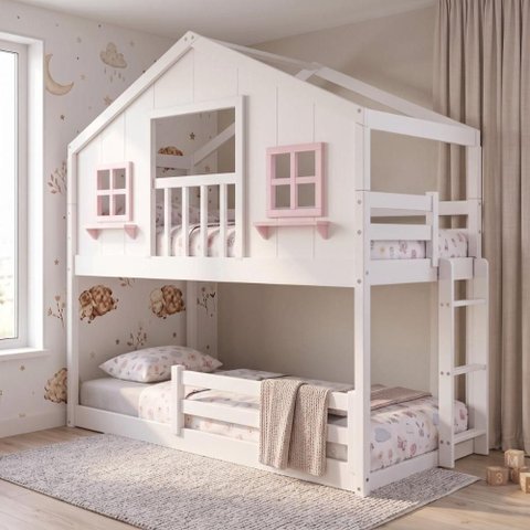 Beliche Infantil Montessoriano Casinha Dos Sonhos com Varanda Madeira Maciça Branco e Rosa Housin