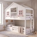 Ver imagem 1 de Beliche Infantil Montessoriano Casinha Dos Sonhos com Varanda Madeira Maciça Branco e Rosa Housin