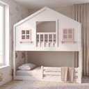 Ver imagem 3 de Beliche Infantil Montessoriano Casinha Dos Sonhos com Varanda Madeira Maciça Branco e Rosa Housin