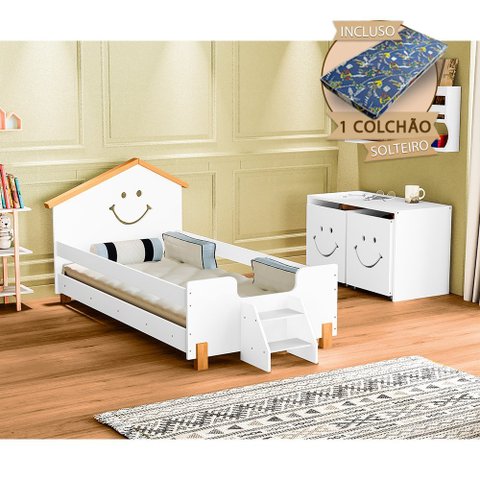 Cama Infantil com Colchão Solteiro Alegra - Branca e Mel