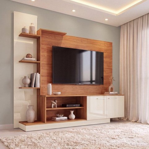 Estante para TV e Home Theater até 55 Polegadas Nichos 2 Portas Cinamomo Off White Havana