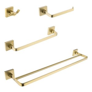 Kit Acessórios para Banheiro Dourado Fosco Quadrado Barra Dupla em Aço Inox 4 Peças