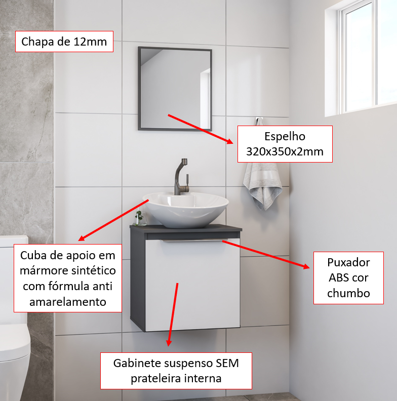 Conjunto Balcão Armário Suspenso com Cuba Branca e Quadro de Espelho para Banheiro - 4