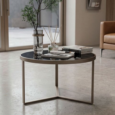 Mesa de Centro Sala Recepcao Consultorio Escritorio Redonda Habone Champanhe Escuro Espelho