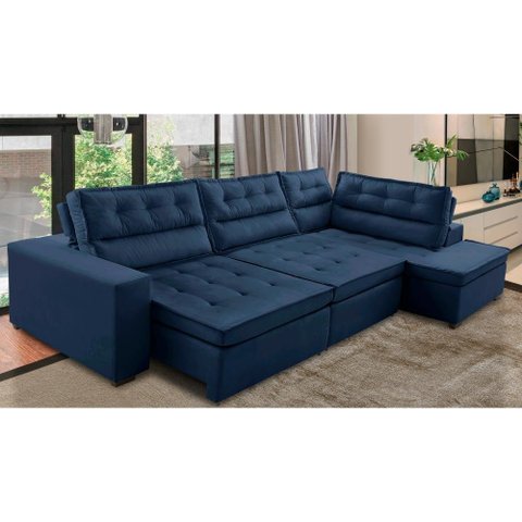 Sofá de Canto Retrátil e Reclinável com Molas LD 3,00x2,00m Viviane Suede Azul Madelina Decor