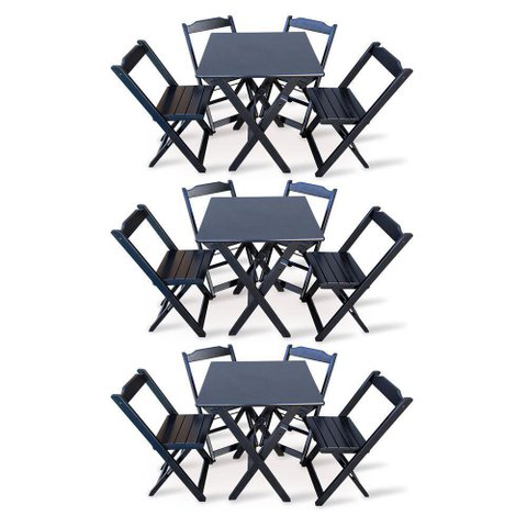 Kit 3 Conjunto Com Jogo De Mesa 70x70 Com 4 Cadeiras Dobráveis Preto Cor: Preto