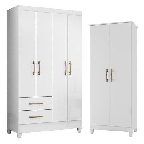 Guarda Roupa Solteiro Chile e Armário Multiuso Jade Branco Brilho – Moval