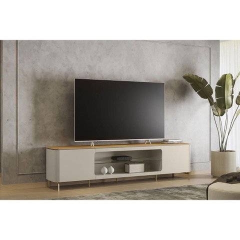 Rack Bancada P/ Tv até 85 Pol Santorini C/ 2 Portas 1 Prateleira de Vidro e 2 Nicho 239cm Tauari/