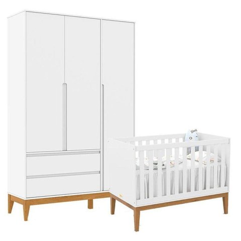 Berço Americano Unique e Guarda Roupa 3 Portas Nature Clean Branco Soft Eco Wood – Matic