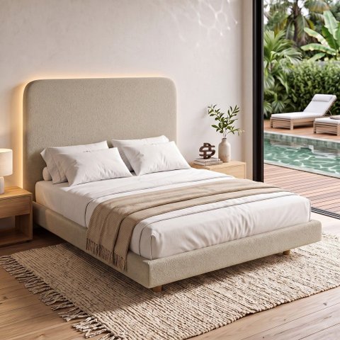 Cama Box Base King com Cabeceira Zaya 193x203 Flutuante Estilo Japonesa Bouclê Bege - Desk Design